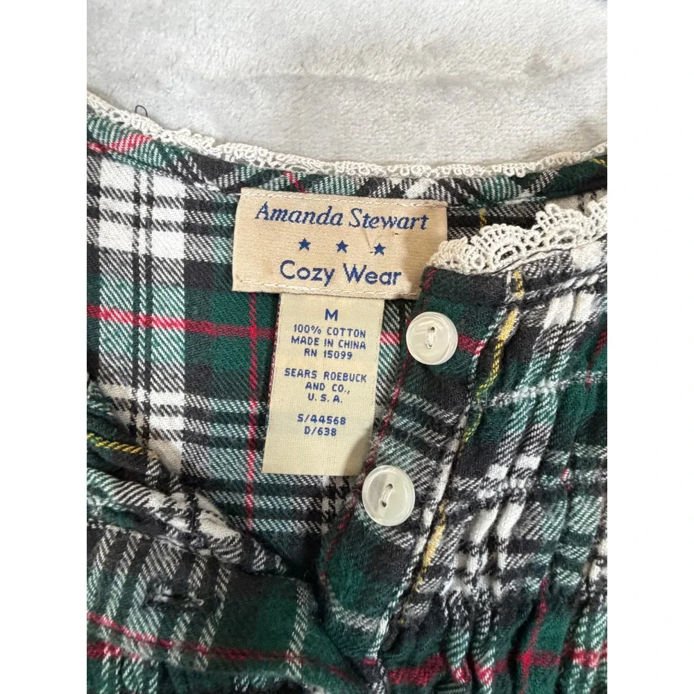 VTG Amanda Stewart Plaid Nightgown Medium Green White Cotton Flannel Lace Trim - Picture 6 of 11